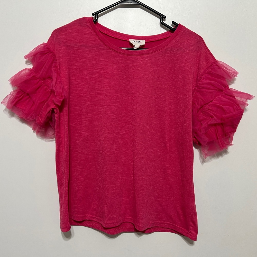 BiBi Womens Hot Pink Tulle Ruffle‎ Top Size L Slub Knit Short Sleeve Barbiecore
